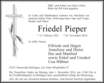 Traueranzeige von Friedel Pieper von KRZ