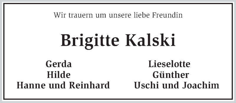  Traueranzeige für Brigitte Kalski vom 27.11.2014 aus KRZ