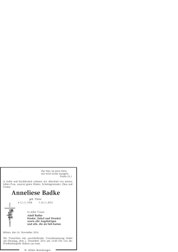 Traueranzeige von Anneliese Badke von KRZ
