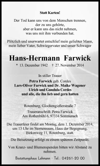 Traueranzeige von Hans-Hermann Farwick von KRZ