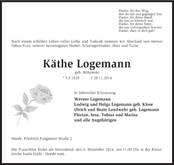 Traueranzeige von Käthe Logemann von KRZ