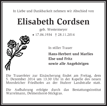 Traueranzeige von Elisabeth Cordsen von KRZ