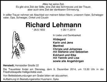 Traueranzeige von Richard Lehmann von KRZ