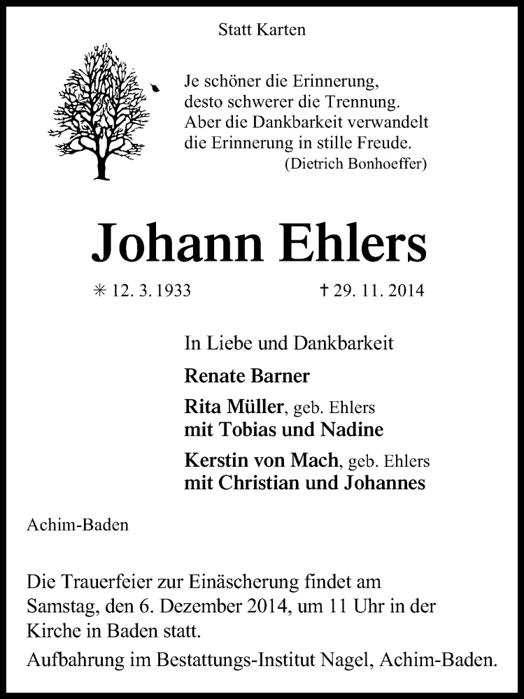  Traueranzeige für Johann Ehlers vom 02.12.2014 aus KRZ
