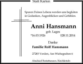 Traueranzeige von Anni Hansmann von KRZ