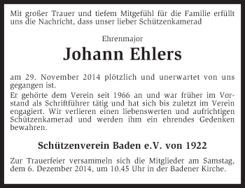 Traueranzeige von Johann Ehlers von KRZ