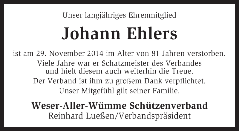  Traueranzeige für Johann Ehlers vom 02.12.2014 aus KRZ