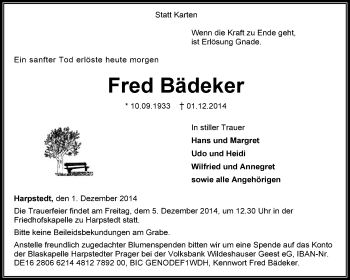 Traueranzeige von Fred Bädeker von KRZ