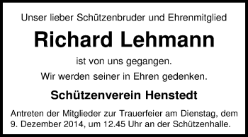 Traueranzeige von Richard Lehmann von KRZ