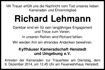 Traueranzeige von Richard Lehmann von KRZ