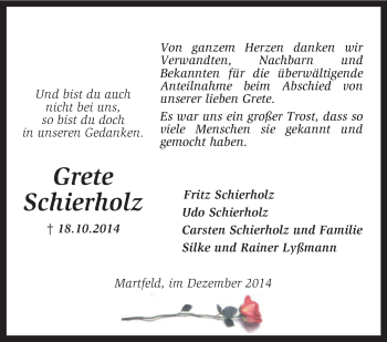 Traueranzeige von Grete Schierholz von KRZ