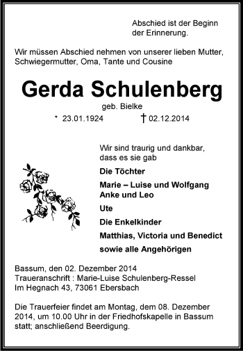 Traueranzeige von Gerda Schulenberg von KRZ