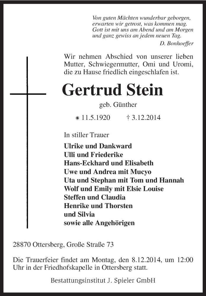  Traueranzeige für Gertrud Stein vom 05.12.2014 aus KRZ