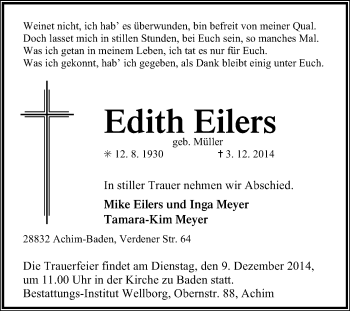 Traueranzeige von Edith Eilers von KRZ