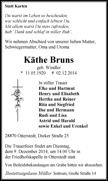 Traueranzeige von Käthe Bruns von KRZ