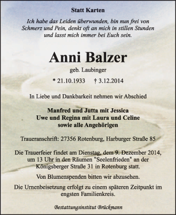 Traueranzeige von Anni Balzer von KRZ