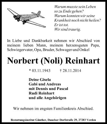 Traueranzeige von Norbert Reinhart von KRZ