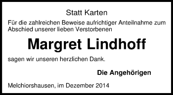 Traueranzeige von Margret Lindhoff von KRZ