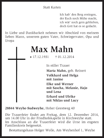 Traueranzeige von Max Mahn von KRZ