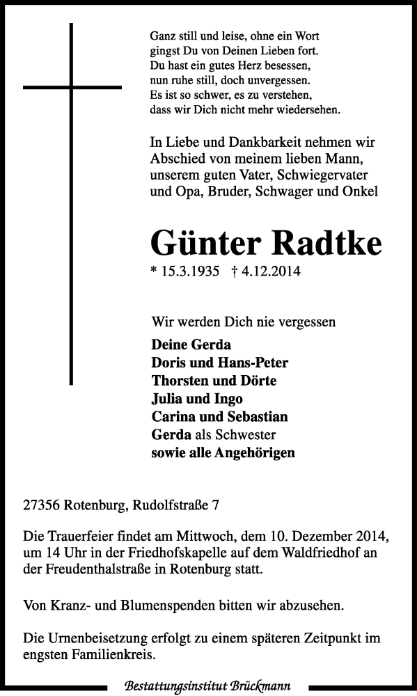  Traueranzeige für Günter Radtke vom 08.12.2014 aus KRZ