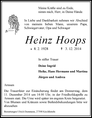 Traueranzeige von Heinz Hoops von KRZ