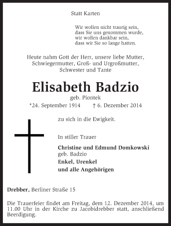 Traueranzeige von Elisabeth Badzio von KRZ