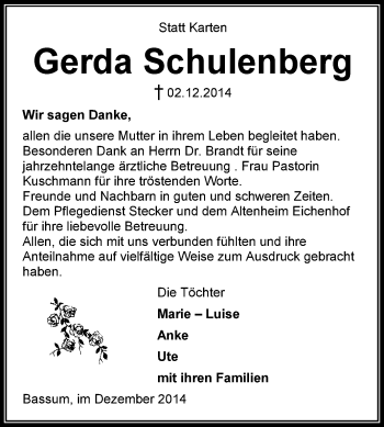 Traueranzeige von Gerda Schulenberg von KRZ