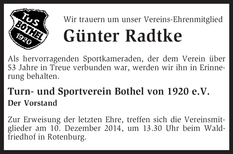 Traueranzeige für Günter Radtke vom 09.12.2014 aus KRZ