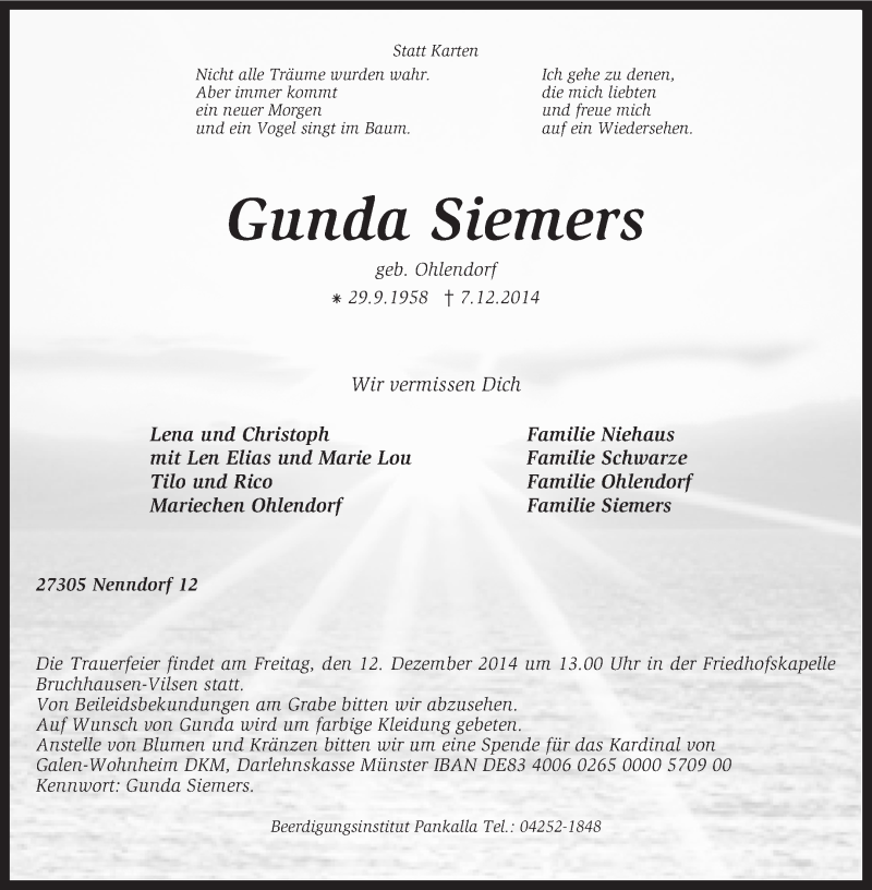  Traueranzeige für Gunda Siemers vom 09.12.2014 aus KRZ