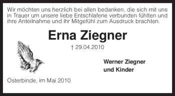 Traueranzeige von Erna Ziegner von KREISZEITUNG SYKE