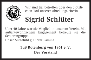 Traueranzeige von Sigrid Schlüter von KREISZEITUNG SYKE