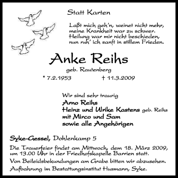 Traueranzeige von Anke Reihs von KREISZEITUNG SYKE