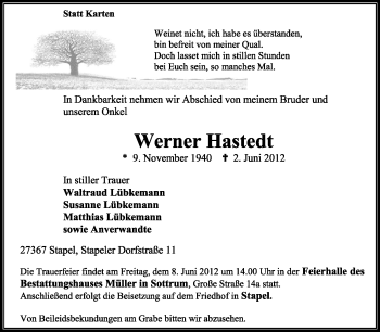 Traueranzeige von Werner Hastedt von KREISZEITUNG SYKE