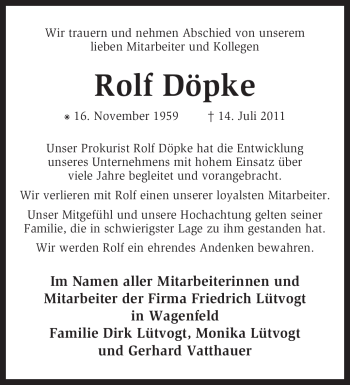 Traueranzeige von Rolf Döpke von KREISZEITUNG SYKE