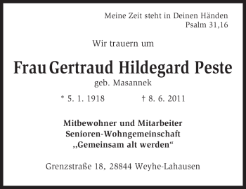 Traueranzeige von Gertraud Hildegard Peste von KREISZEITUNG SYKE