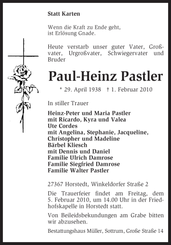 Traueranzeige von Paul-Heinz Pastler von KREISZEITUNG SYKE