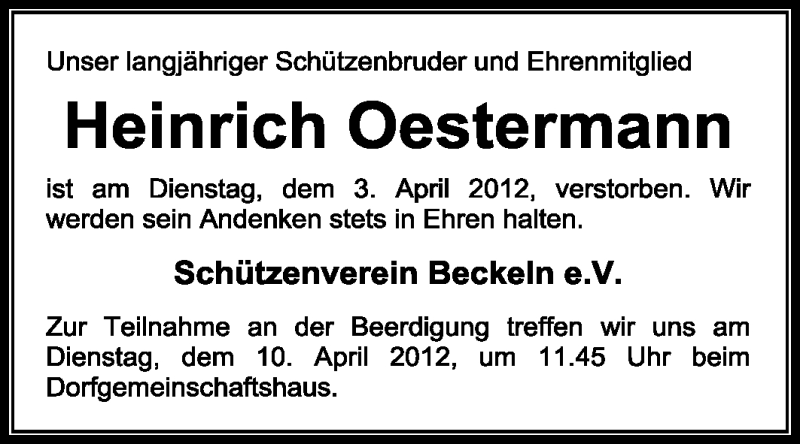  Traueranzeige für Heinrich Oestermann vom 05.04.2012 aus KREISZEITUNG SYKE