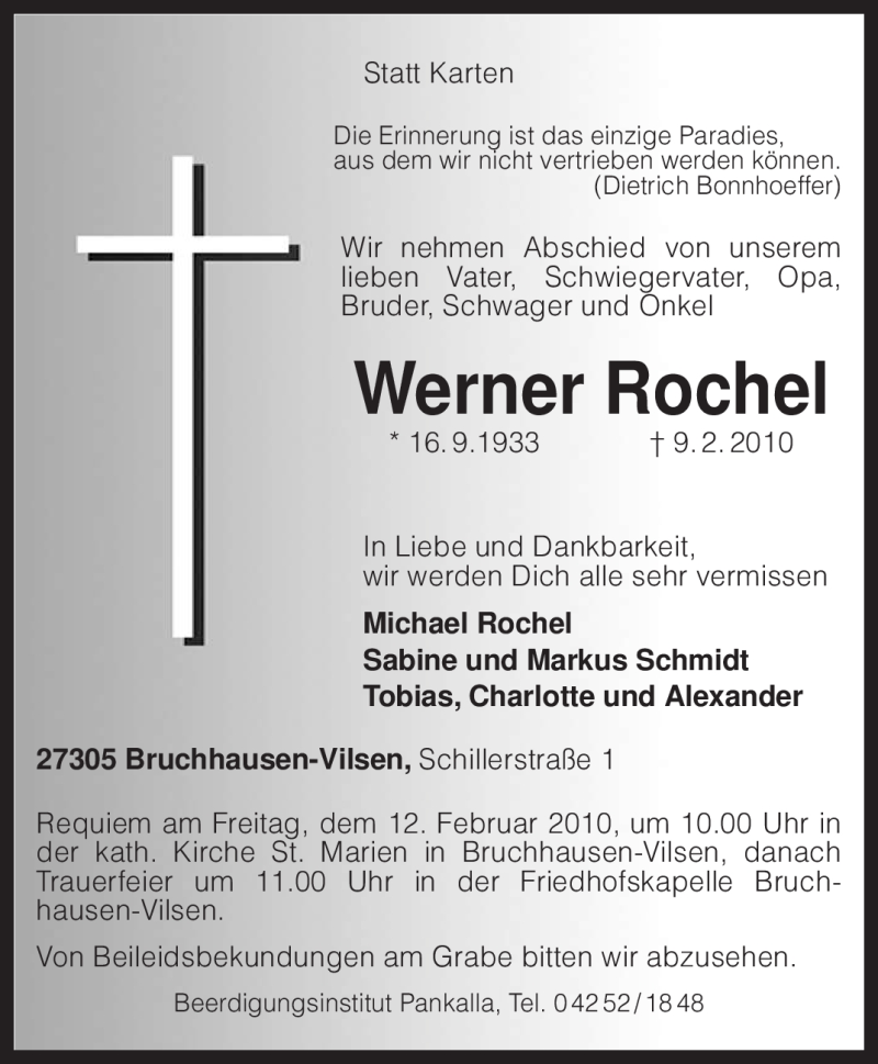  Traueranzeige für Werner Rochel vom 10.02.2010 aus KREISZEITUNG SYKE