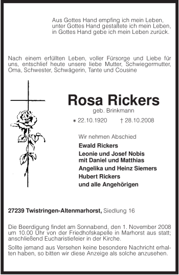 Traueranzeige von Rosa Rickers von KREISZEITUNG SYKE