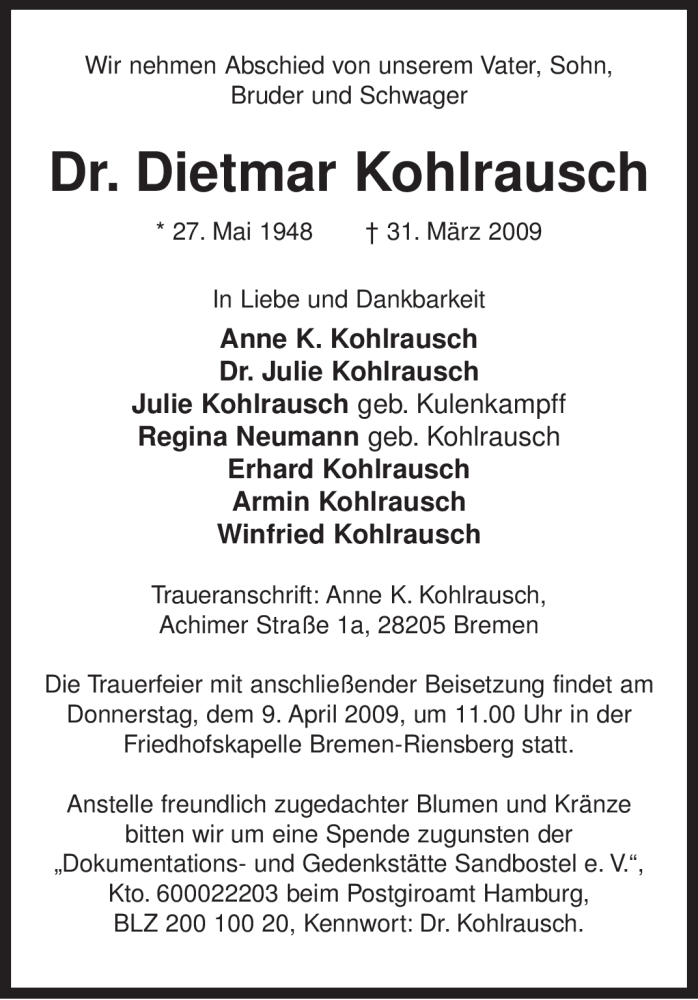  Traueranzeige für Dietmar Kohlrausch vom 04.04.2009 aus KREISZEITUNG SYKE