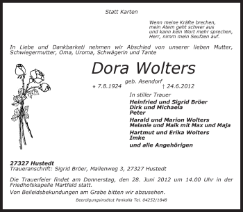 Traueranzeige von Dora Wolters von KREISZEITUNG SYKE