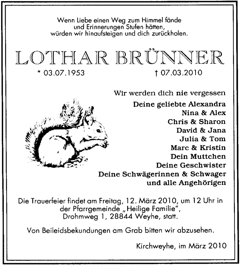  Traueranzeige für Lothar Brünner vom 10.03.2010 aus KREISZEITUNG SYKE
