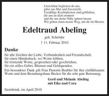 Traueranzeige von Edeltraud Abeling von KREISZEITUNG SYKE