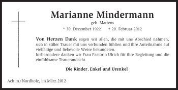 Traueranzeige von Marianne Mindermann von KREISZEITUNG SYKE