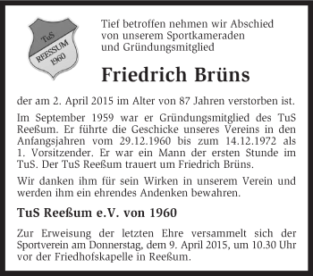 Traueranzeige von Friedrich Brüns von KRZ