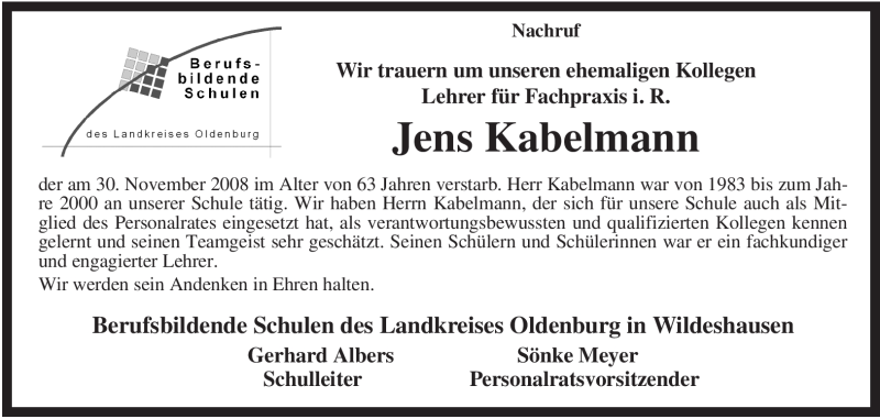  Traueranzeige für Jens Kabelmann vom 06.12.2008 aus KREISZEITUNG SYKE