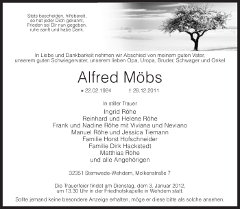 Traueranzeige von Alfred Möbs von KREISZEITUNG SYKE