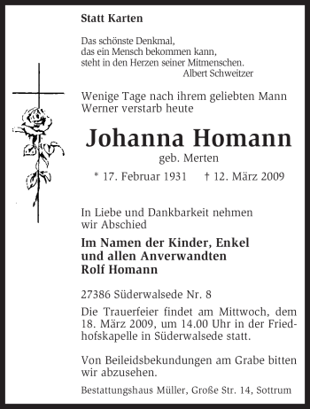 Traueranzeige von Johanna Homann von KREISZEITUNG SYKE