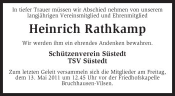 Traueranzeige von Heinrich Rathkamp von KREISZEITUNG SYKE