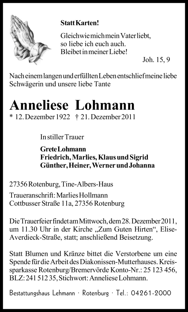  Traueranzeige für Anneliese Lohmann vom 24.12.2011 aus KREISZEITUNG SYKE